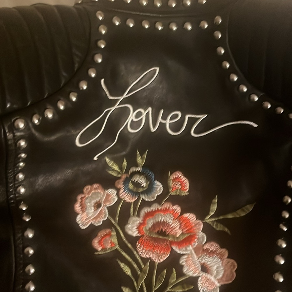 Cinq a Sept Black Leather Jacket with Floral Embroidery lover Taylor swift - Picture 8 of 10